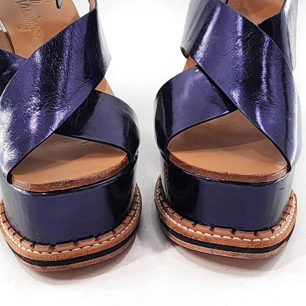 FLAMINGOS Trendy Metallic Blue Leather Platform Wedge Sandal